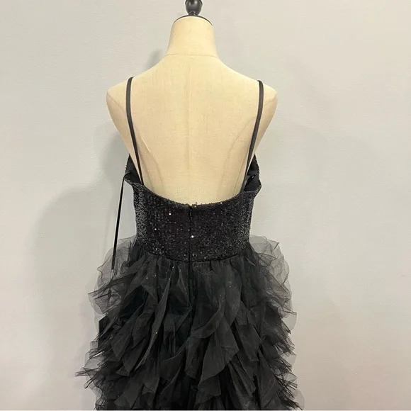 Mac Duggal Black Sequin Mini Gown With High Low Ruffle Tiered Train - Reemoly